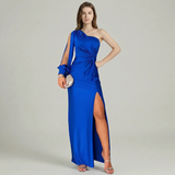 One Shoulder Satin Slit Maxi Dress