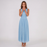 Draped Neck Pleated Midi Dress