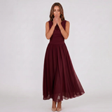 Draped Neck Pleated Midi Dress