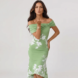 Off Shoulder Floral Print Midi Dress