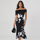 Off Shoulder Floral Print Midi Dress